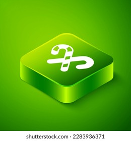 Isometric Christmas candy cane with stripes icon isolated on green background. Merry Christmas and Happy New Year. Green square button. Vector