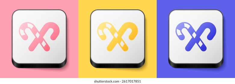 Isometric Christmas candy cane with stripes icon isolated on pink, yellow and blue background. Merry Christmas and Happy New Year. Square button. Vector