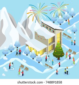 Isometric Christmas celebration concept with fireworks winter sport family children making snowman near decorated tree and house vector illustration