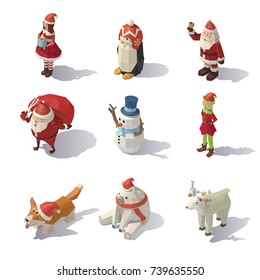 Isometric Christmas characters isolated on white background.
Vector low poly illustration.