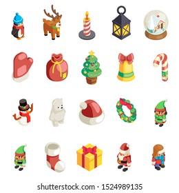 Isometric christmas decoration 3d new year icons set flat cartoon design vector illustration