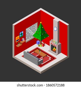 Isometric Christmas decorations with Christmas trees, gifts, sofas, tables, photo frames, books, windows, fake plants, carpets, wall clocks and hearth.