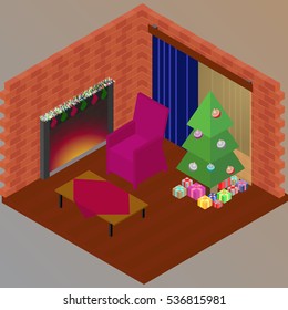 Isometric Christmas evening, fire in fireplace, Christmas tree and presents