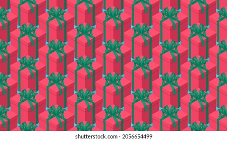 Isometric Christmas gift boxes seamless pattern background. Plenty of holiday presents. Festive red package gift boxes with green bows and ribbons. Flat 3d isometric vector pattern.