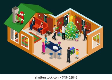 Isometric Christmas Holiday concept with people celebrating New Year in house and Santa Claus with gifts on roof isolated vector illustration