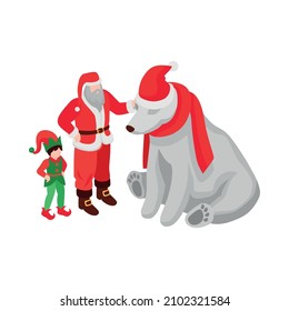 Isometric christmas icon with santa claus elf and polar bear wearing red hat and scarf vector illustration