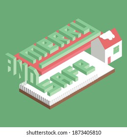 Isometric Christmas illustration. "Merry and safe" 3D text and small house. Vector illustration EPS 10.