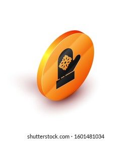 Isometric Christmas mitten icon isolated on white background. Orange circle button. Vector Illustration