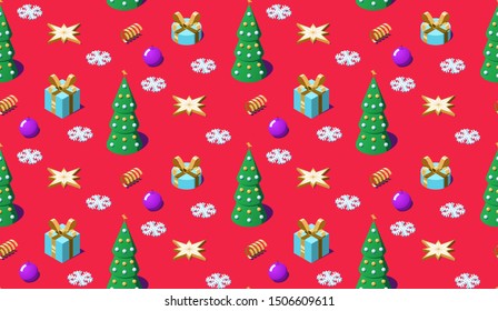 Isometric Christmas and New Year seamless pattern. Repeating Xmas pattern with Christmas tree, gift boxes, ball toys, star and golden spiral ribbon. Wrapping paper, package. Red backdrop. Vector