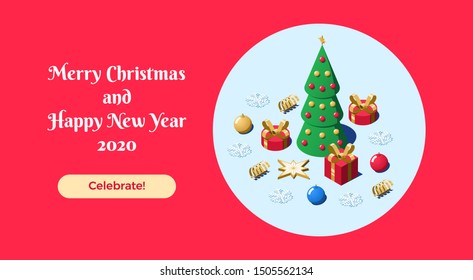 Isometric Christmas and New Year web composition. Xmas template, webpage, landing page layout with Greeting text, Christmas tree, gift boxes, ball toys, star and golden spiral ribbon. Red backdrop.