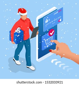 Isometric Christmas online shopping and winter sale web banner concept. Delivery man with winter gift box. Merry Christmas and Happy Holidays.