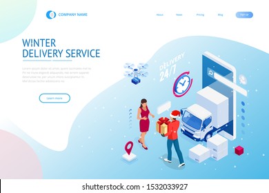 Isometric Christmas online shopping and winter sale web banner concept. Delivery man with winter gift box. Merry Christmas and Happy Holidays.