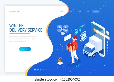 Isometric Christmas online shopping and winter sale web banner concept. Delivery man with winter gift box. Merry Christmas and Happy Holidays.