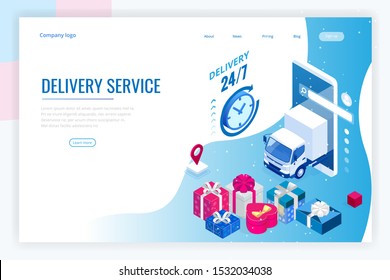 Isometric Christmas online shopping and winter sale web banner concept. Delivery man with winter gift box. Merry Christmas and Happy Holidays.