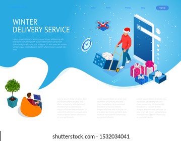 Isometric Christmas online shopping and winter sale web banner concept. Delivery man with winter gift box. Merry Christmas and Happy Holidays.