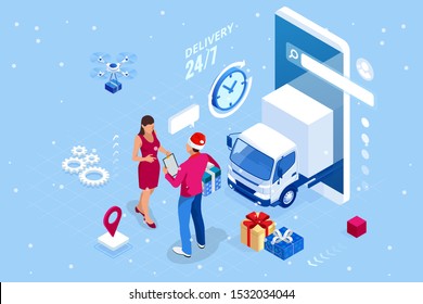 Isometric Christmas online shopping and winter sale web banner concept. Delivery man with winter gift box. Merry Christmas and Happy Holidays.