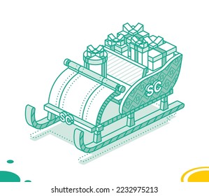Isometric Christmas Open Sleigh with Bunch Gift Boxes. Outline Concept. Vector Illustration. Merry Christmas and Happy New Year Design Element.