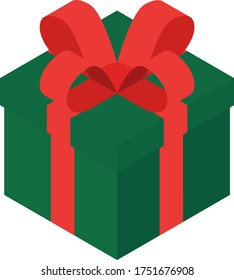 Isometric christmas present box, green box and red ribbon