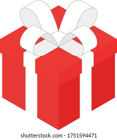 Isometric christmas present box, red box and white ribbon