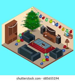 Isometric Christmas Room Interior at Living Room