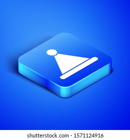 Isometric Christmas Santa Claus hat icon isolated on blue background. Merry Christmas and Happy New Year. Blue square button. Vector Illustration