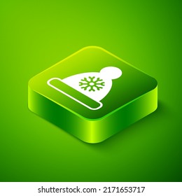 Isometric Christmas Santa Claus hat icon isolated on green background. Merry Christmas and Happy New Year. Green square button. Vector