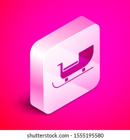Isometric Christmas santa claus sleigh icon isolated on pink background. Merry Christmas and Happy New Year. Silver square button. Vector Illustration