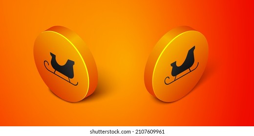 Isometric Christmas santa claus sleigh icon isolated on orange background. Merry Christmas and Happy New Year. Orange circle button. Vector