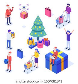 Isometric Christmas set. Characters, santa, gifts and christmas tree isolated on white background. Vector illustration.