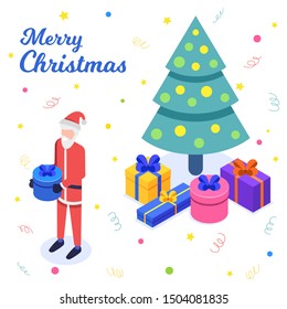 Isometric Christmas set. Santa with gift and christmas tree isolated on white background. Vector illustration.