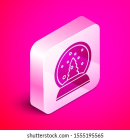 Isometric Christmas snow globe with fallen snow and christmas tree icon isolated on pink background. Merry Christmas and Happy New Year. Silver square button. Vector Illustration