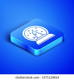 Isometric Christmas snow globe with fallen snow and christmas tree icon isolated on blue background. Merry Christmas and Happy New Year. Blue square button. Vector Illustration
