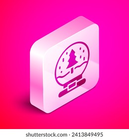Isometric Christmas snow globe with fallen snow and christmas tree icon isolated on pink background. Merry Christmas and Happy New Year. Silver square button. Vector
