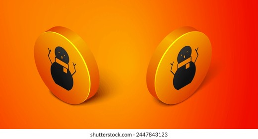 Isometric Christmas snowman icon isolated on orange background. Merry Christmas and Happy New Year. Orange circle button. Vector