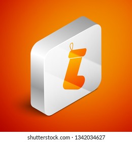 Isometric Christmas sock icon isolated on orange background. Silver square button. Vector Illustration