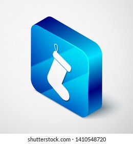 Isometric Christmas sock icon isolated on white background. Blue square button. Vector Illustration