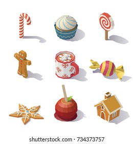 Isometric Christmas sweets and pastries isolated on white background.
Vector low poly illustration.