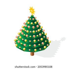 Isometric Christmas Tree with Balls and Yellow Star. Vector Illustration. 3d Icon Isolated on White. Happy New Year.