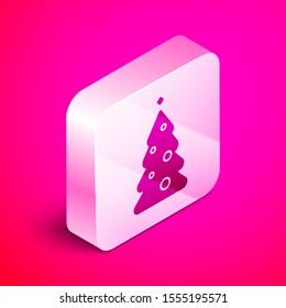 Isometric Christmas tree with decorations icon isolated on pink background. Merry Christmas and Happy New Year. Silver square button. Vector Illustration
