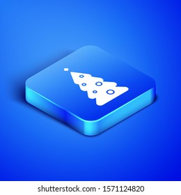 Isometric Christmas tree with decorations icon isolated on blue background. Merry Christmas and Happy New Year. Blue square button. Vector Illustration