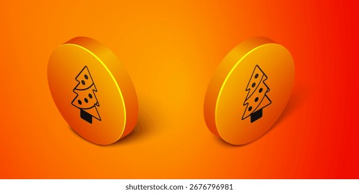 Isometric Christmas tree with decorations icon isolated on orange background. Merry Christmas and Happy New Year. Orange circle button. Vector