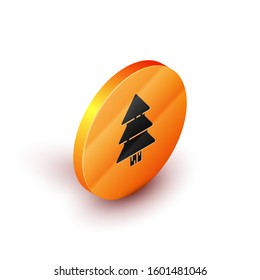 Isometric Christmas tree icon isolated on white background. Merry Christmas and Happy New Year. Orange circle button. Vector Illustration