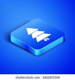 Isometric Christmas tree icon isolated on blue background. Merry Christmas and Happy New Year. Blue square button. Vector Illustration
