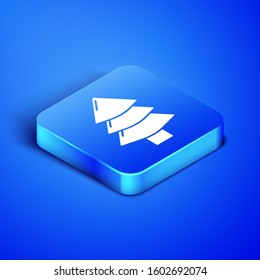 Isometric Christmas tree icon isolated on blue background. Merry Christmas and Happy New Year. Blue square button. Vector Illustration