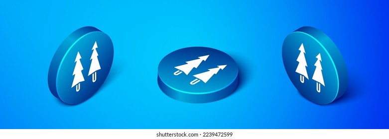 Isometric Christmas tree icon isolated on blue background. Merry Christmas and Happy New Year. Blue circle button. Vector
