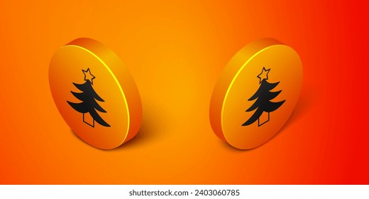 Isometric Christmas tree icon isolated on orange background. Merry Christmas and Happy New Year. Orange circle button. Vector