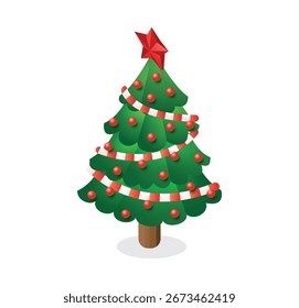 Isometric christmas tree with red star baubles and striped garland isolated on white background. Festive decoration. Vector illustration. Concept of winter holiday celebration greeting card.