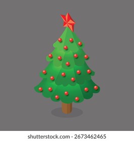 Isometric Christmas tree with red star and baubles isolated on gray background. Vector illustration. Holiday decoration. Happy New Year. Concept of winter celebration festive design.