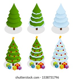 Isometric Christmas tree set. Decorated christmas tree with gift boxes, star, lights, decoration balls and lamps. Flat isolated illustration.