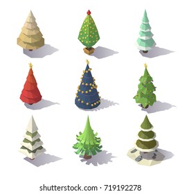 Isometric Christmas trees isolated on white background.
Vector low poly illustration.